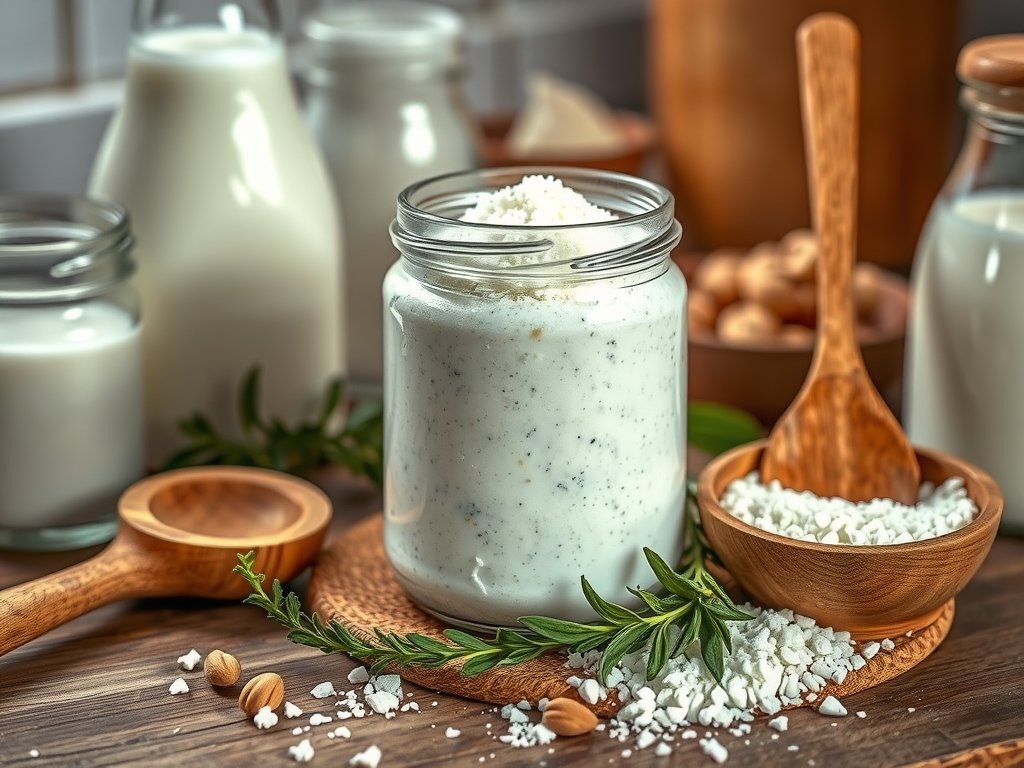 Close-up van kefirgranen in een glazen pot, omringd door verse melk, houten keukengerei en kruiden, die een rustige en natuurlijke sfeer in een gezellige keuken uitstraalt.